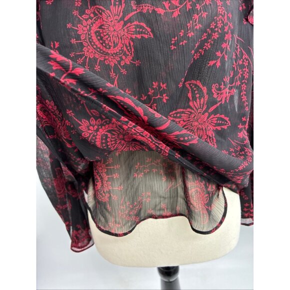 Express Women's Black Red Floral Sheer Ruffle Choker Top XS - Picture 3 of 6